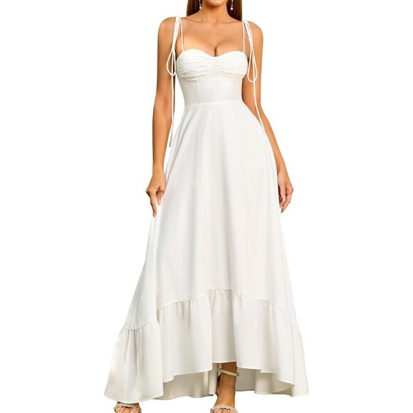 Women's Summer Spaghetti Strap Maxi Wedding Guest Dress Smocked Ruffle Tea Party